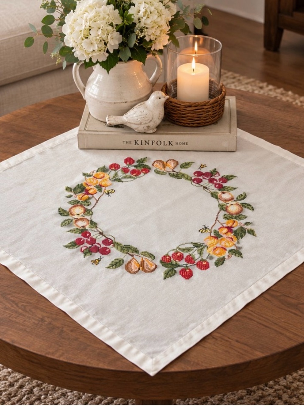 30x30 Cross-Stitch Embroidered Fruit Wreath Tablecloth